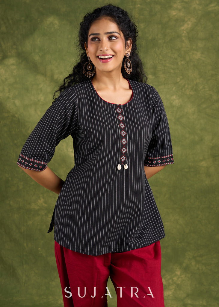 Elegant Black Cotton Trendy Top With Decorative Shells - Pant Optional