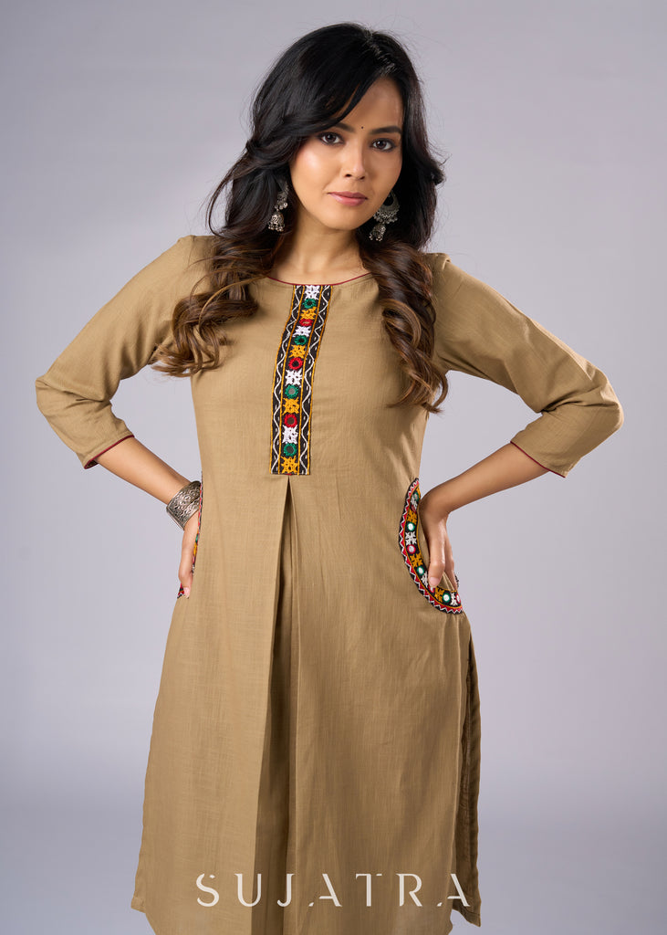 Elegant Dark Beige Cotton Tunic Adorned with Intricate Mirror Work