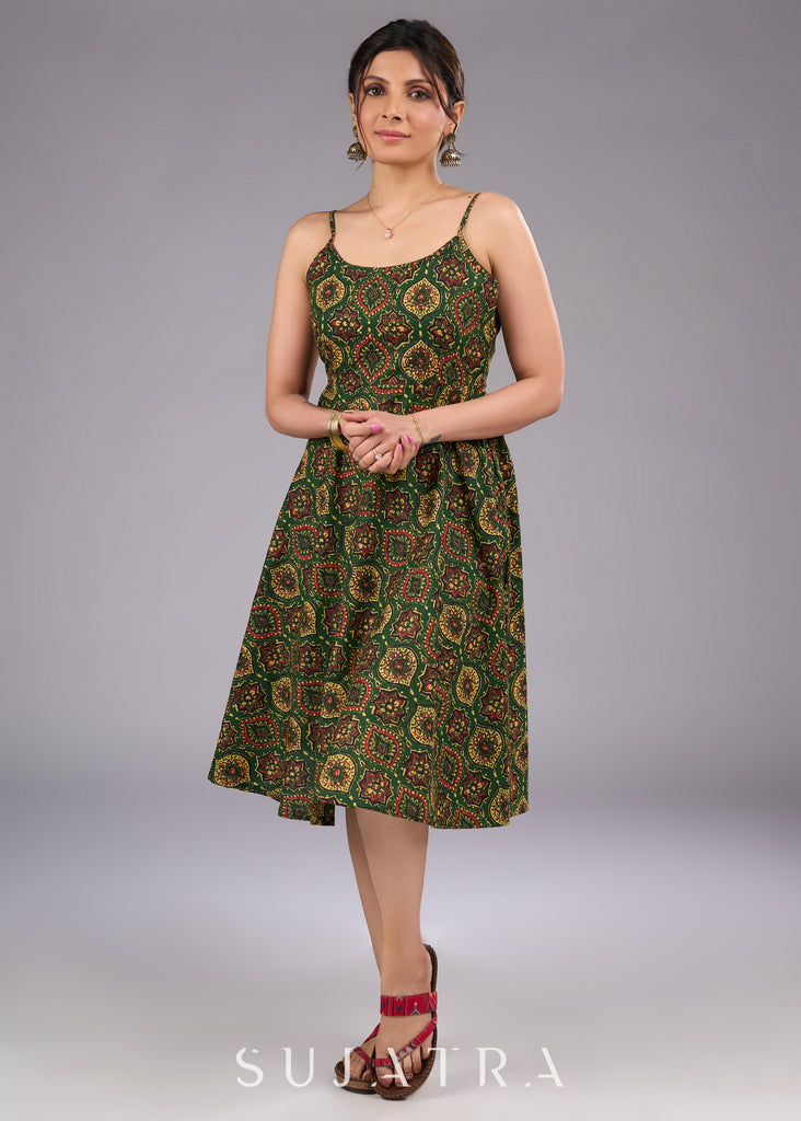 Classic Green Ajrakh Strappy Flared Dress