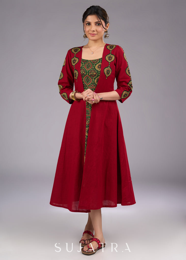 Handcrafted Maroon Cotton Jacket with Exquisite Ajrakh Applique Work