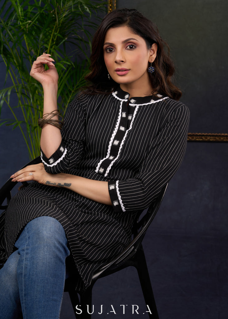 Black Cotton Ikat Collared Kurta With A Stylish And Comfortable Ethnic Look.