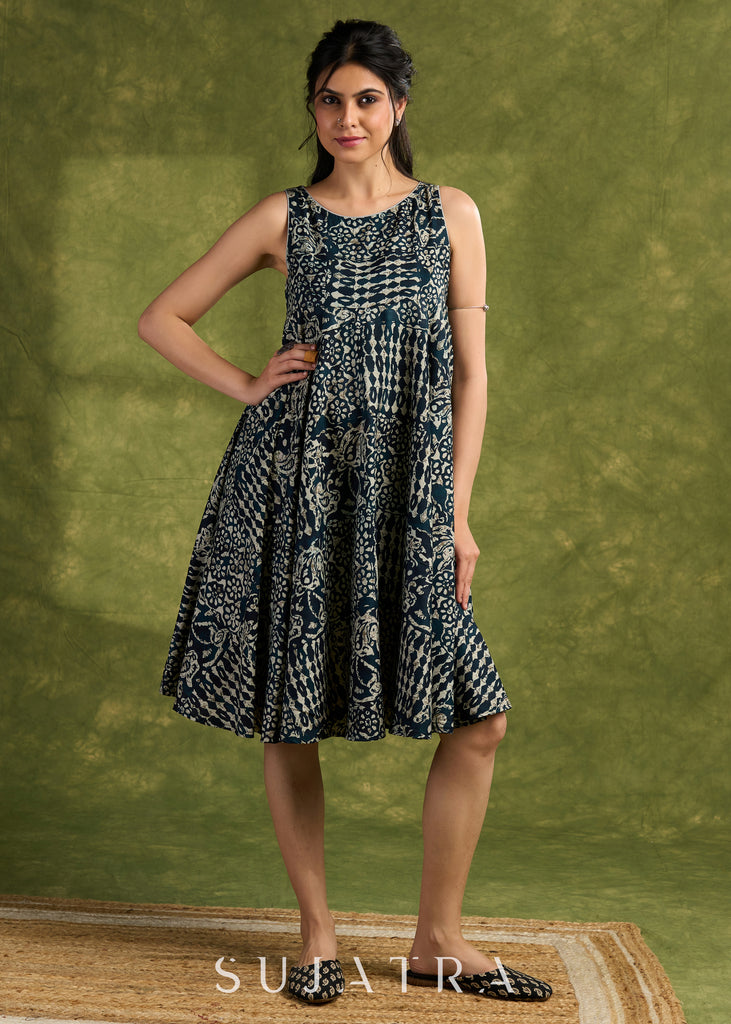 Indigo Boho Rayon Dress. Whimsical Indigo Printed Dress With Eclectic Boho-Inspired Patterns