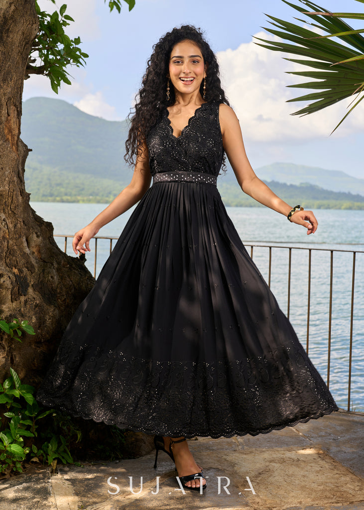 Classy black rayon dress with floral cut work sleeveless dress