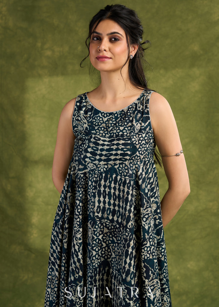 Indigo Boho Rayon Dress. Whimsical Indigo Printed Dress With Eclectic Boho-Inspired Patterns