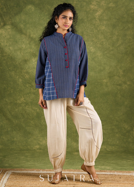 Trendy Oversized Cotton Navy Top - Pant Optional