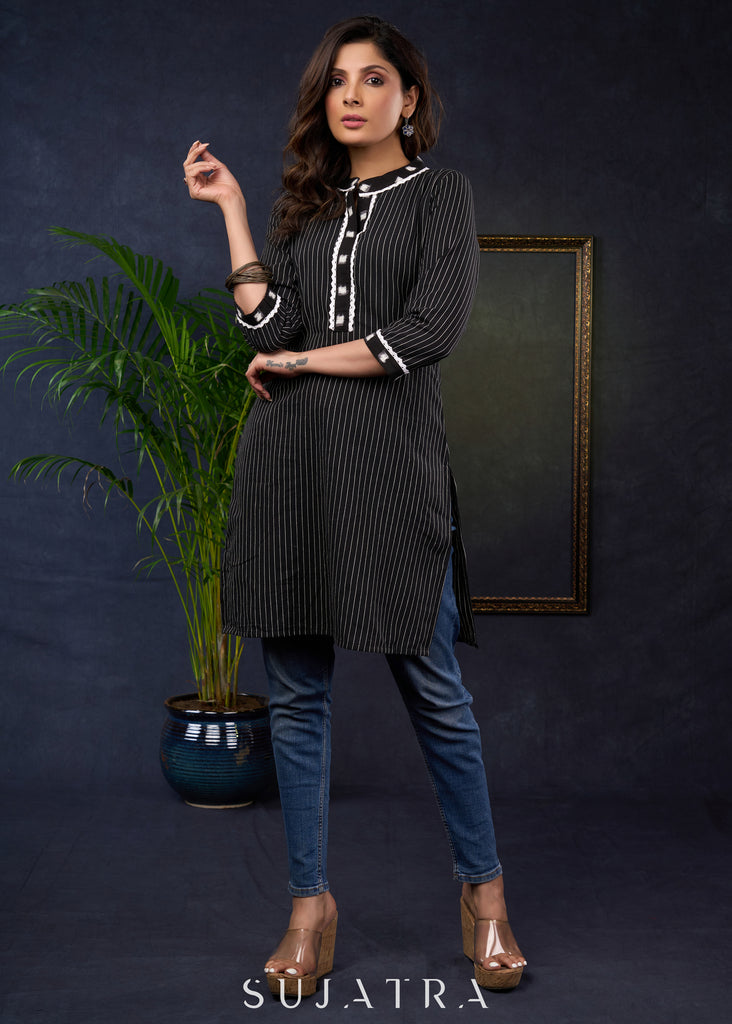 Black Cotton Ikat Collared Kurta With A Stylish And Comfortable Ethnic Look.