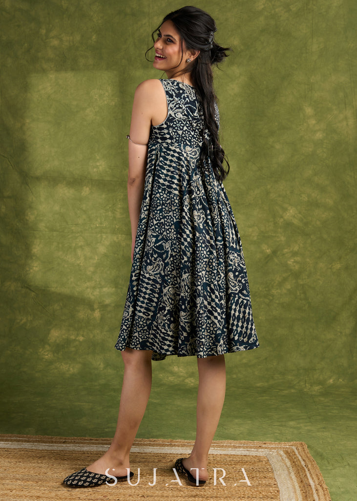 Indigo Boho Rayon Dress. Whimsical Indigo Printed Dress With Eclectic Boho-Inspired Patterns