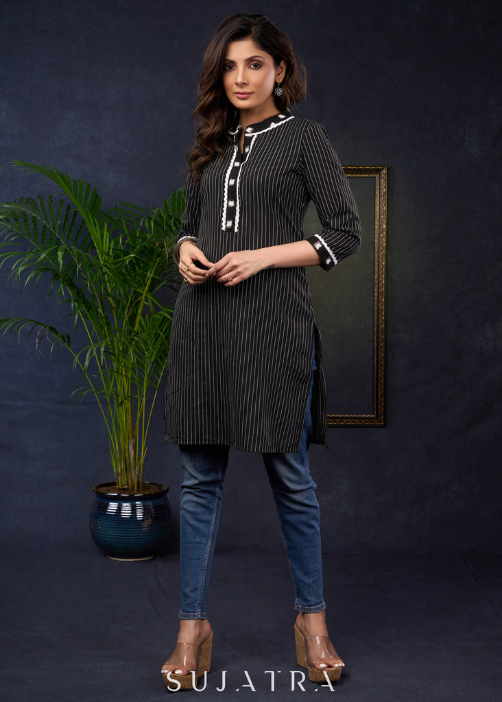 Black Cotton Ikat Collared Kurta With A Stylish And Comfortable Ethnic Look.