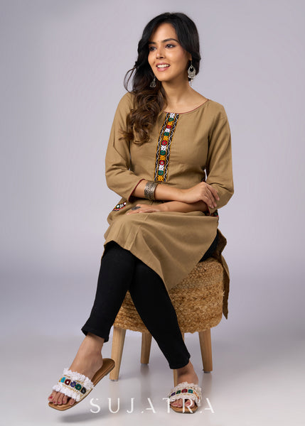 Elegant Dark Beige Cotton Tunic Adorned with Intricate Mirror Work