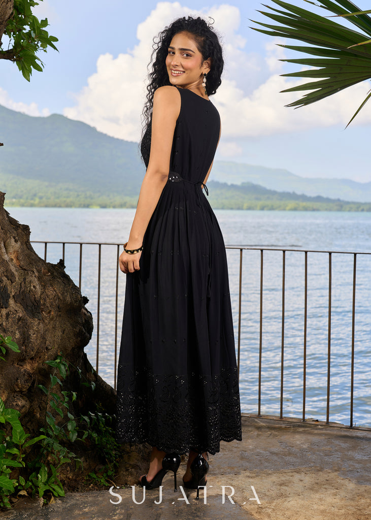 Classy black rayon dress with floral cut work sleeveless dress