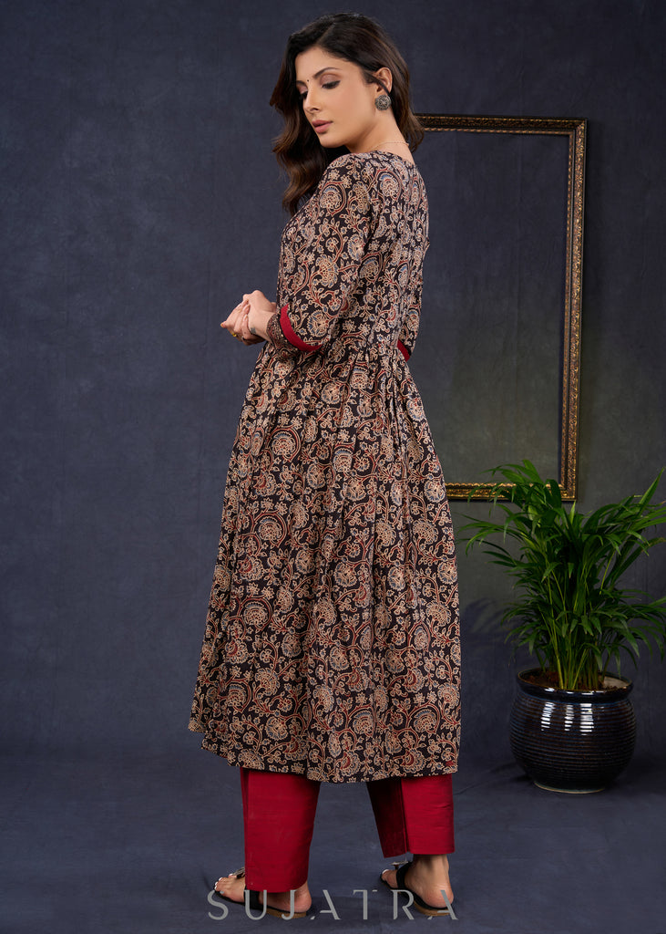 Trendy-Black-Cotton-Floral-Ajrakh-Combination-A-Line-Kurta-With-Highlighted-Yoke--Pant-Optional