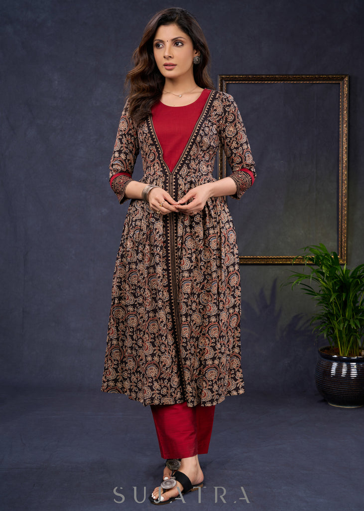 Trendy-Black-Cotton-Floral-Ajrakh-Combination-A-Line-Kurta-With-Highlighted-Yoke--Pant-Optional