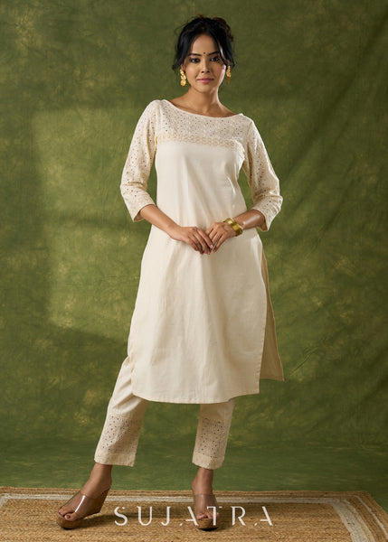 Elegant Cotton Hakoba off White Kurta - Pant Optional