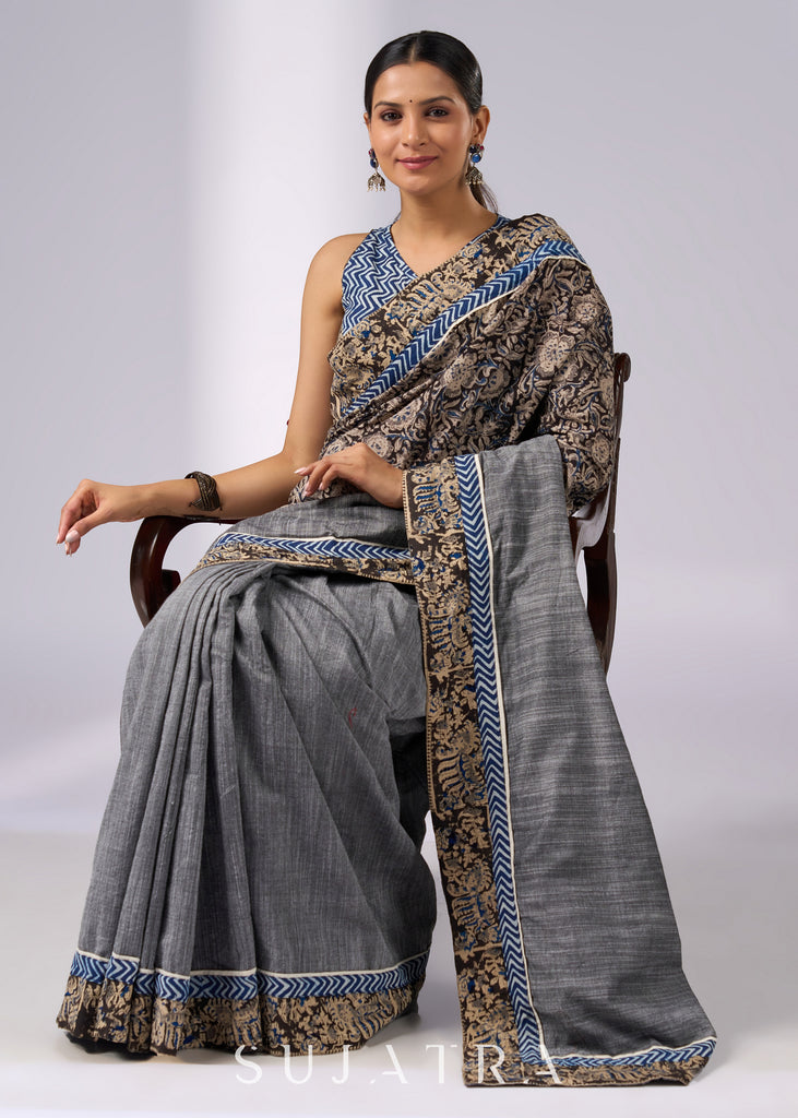 Chic gray cotton saree with Kalamkari combination & Indigo highlights