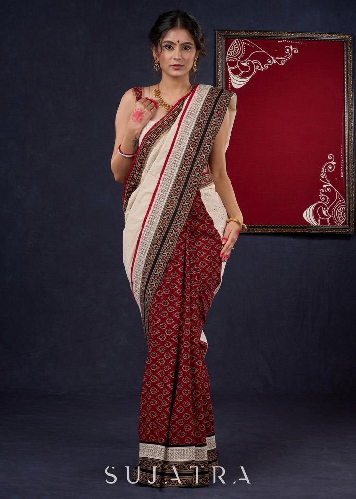 Exquisite Hakoba & Ajrakh Combination Saree with Lace Border