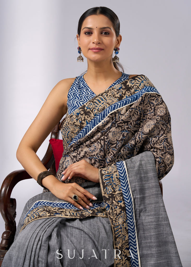 Chic gray cotton saree with Kalamkari combination & Indigo highlights