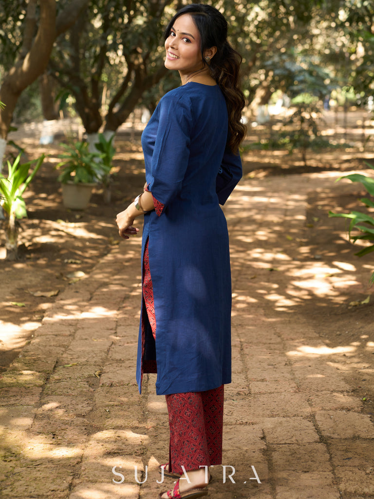 Indigo Charm Handcrafted Cotton Kurta with Contrast Kantha Lines, Contrast Piping & Ajrakh Interfacing