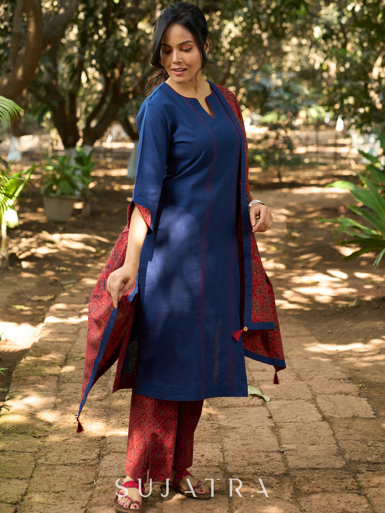 Indigo Charm Handcrafted Cotton Kurta with Contrast Kantha Lines, Contrast Piping & Ajrakh Interfacing