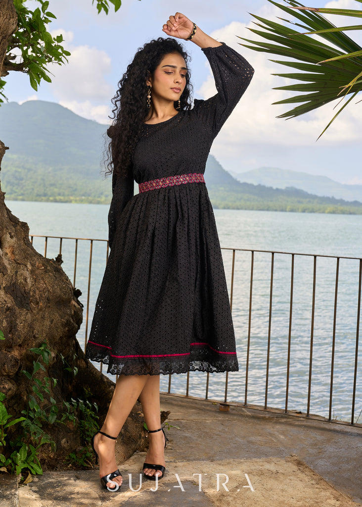 Graceful black Hakoba one piece dress highlighted with embroidered belt and embroidered lace