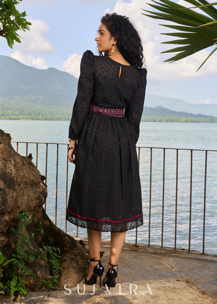 Graceful black Hakoba one piece dress highlighted with embroidered belt and embroidered lace