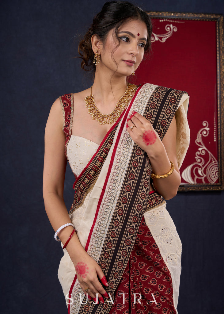 Exquisite Hakoba & Ajrakh Combination Saree with Lace Border