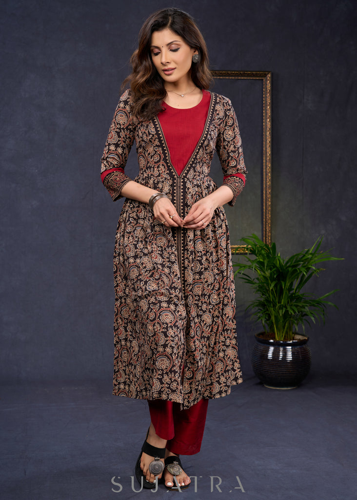 Trendy-Black-Cotton-Floral-Ajrakh-Combination-A-Line-Kurta-With-Highlighted-Yoke--Pant-Optional