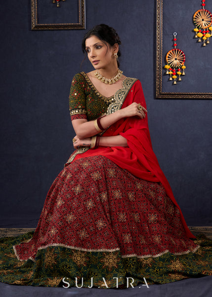 Green & Maroon Ajrakh Mix & Match Lehenga With All Over Embroidery & Contrast Dupatta.