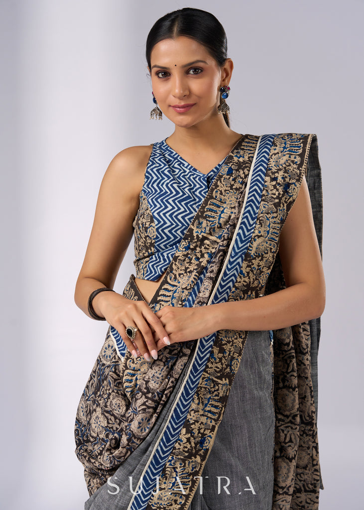 Chic gray cotton saree with Kalamkari combination & Indigo highlights