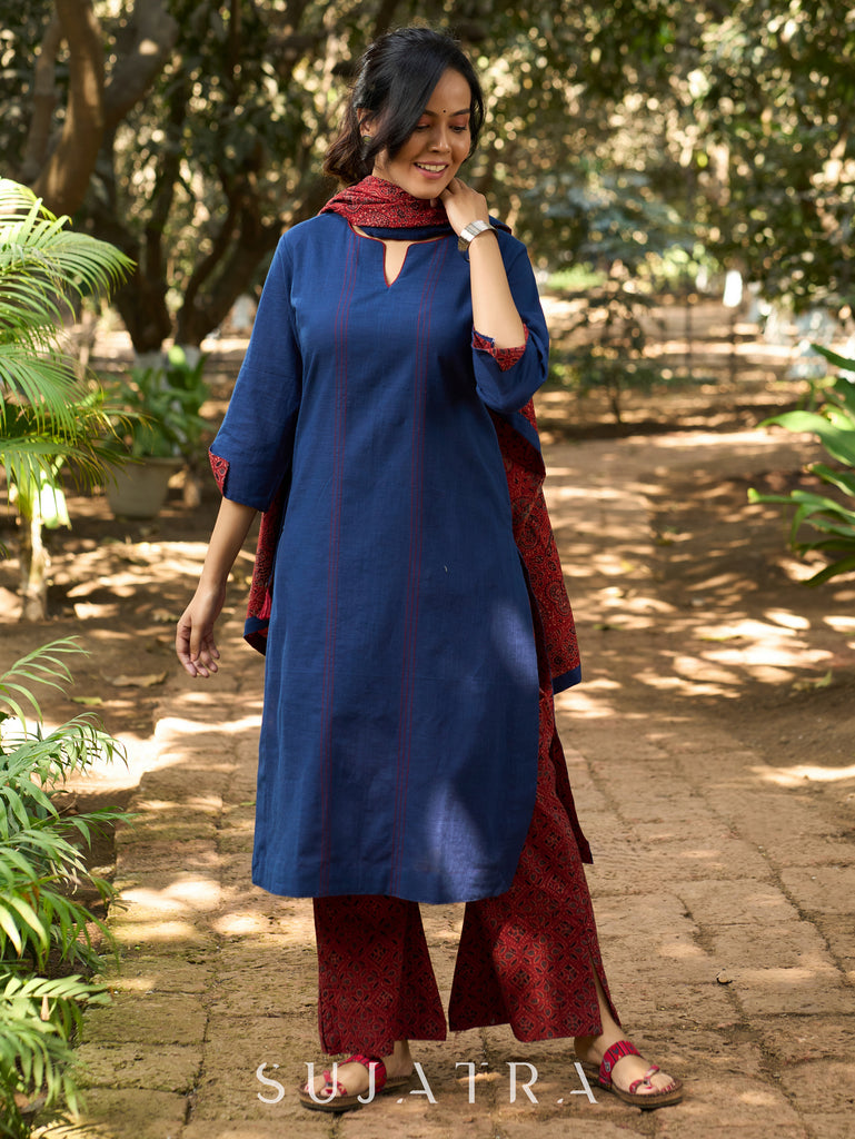 Indigo Charm Handcrafted Cotton Kurta with Contrast Kantha Lines, Contrast Piping & Ajrakh Interfacing