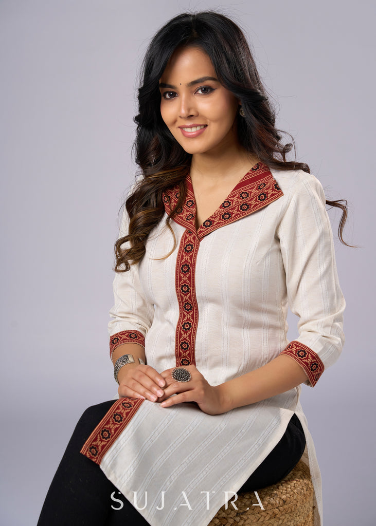 Classy Off White Cotton Ajrakh Collared Tunic