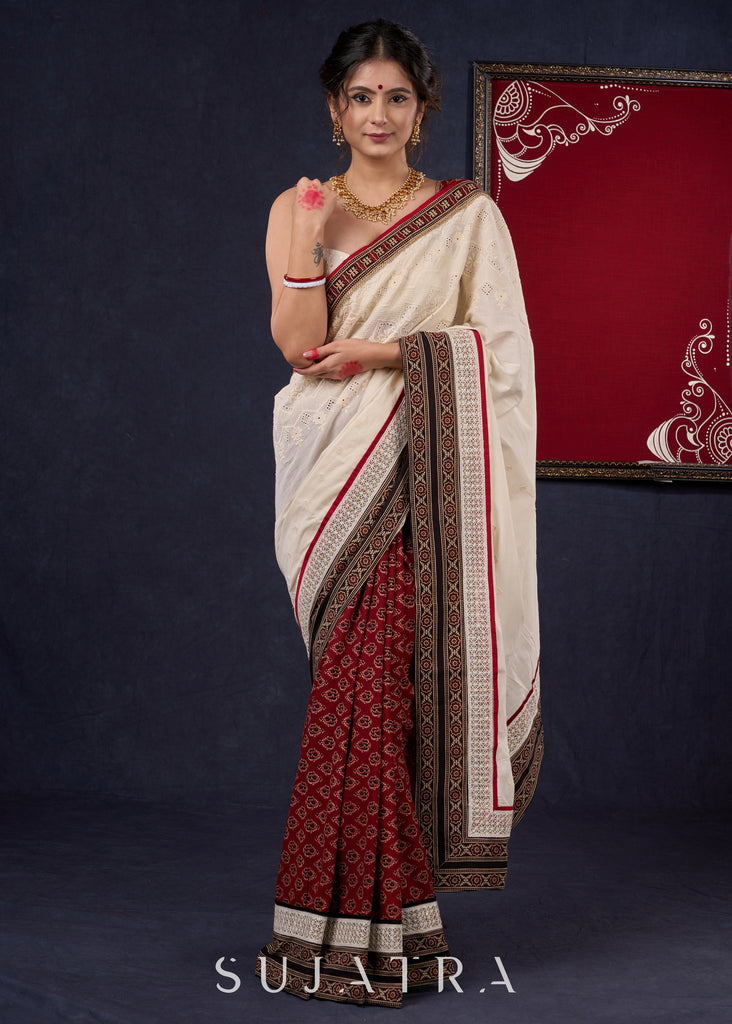 Exquisite Hakoba & Ajrakh Combination Saree with Lace Border