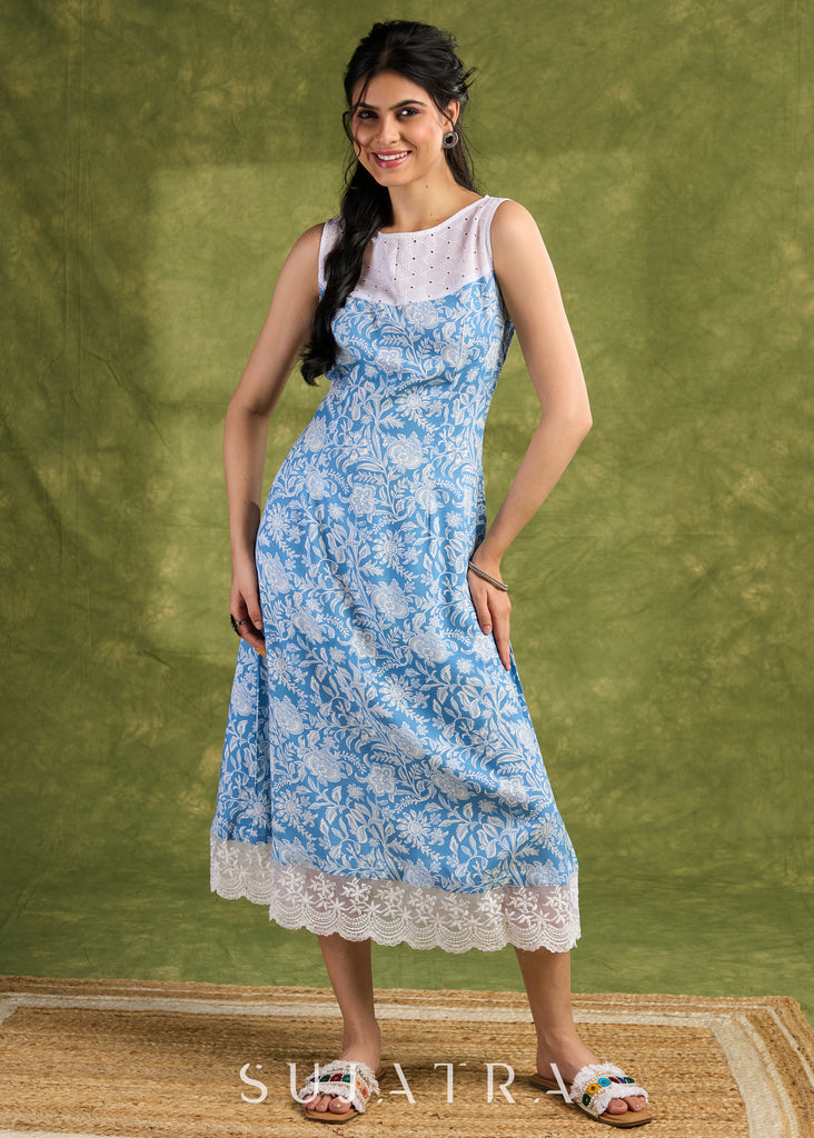 Lace-Trimmed Dress. Light Blue Floral Rayon Print With Delicate Lace Trims