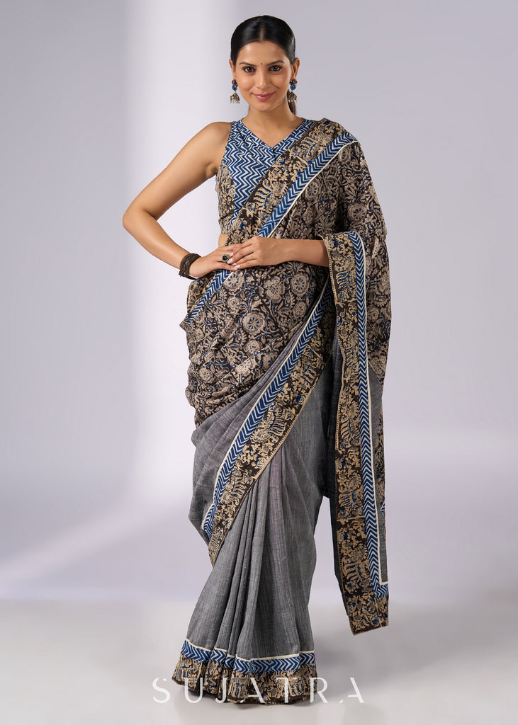 Chic gray cotton saree with Kalamkari combination & Indigo highlights