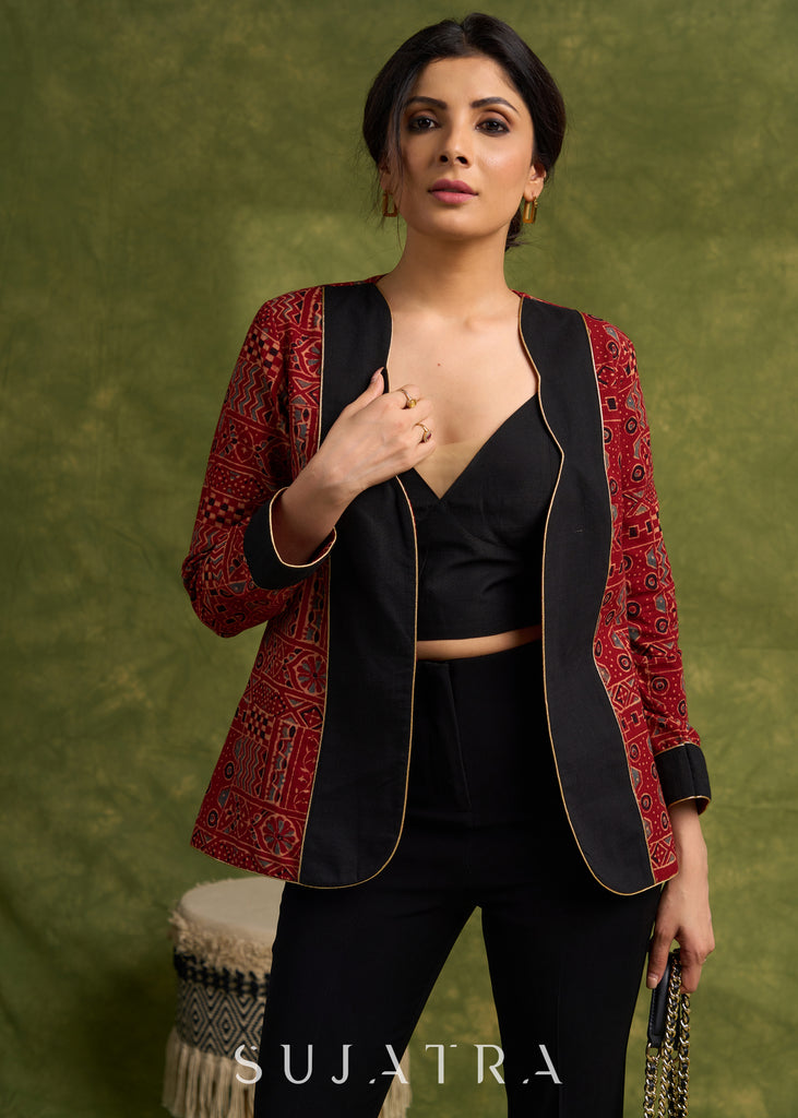 Evening Glamour : Maroon Ajrakh Jacket With Stylish Neckline & Striking Gold Piping