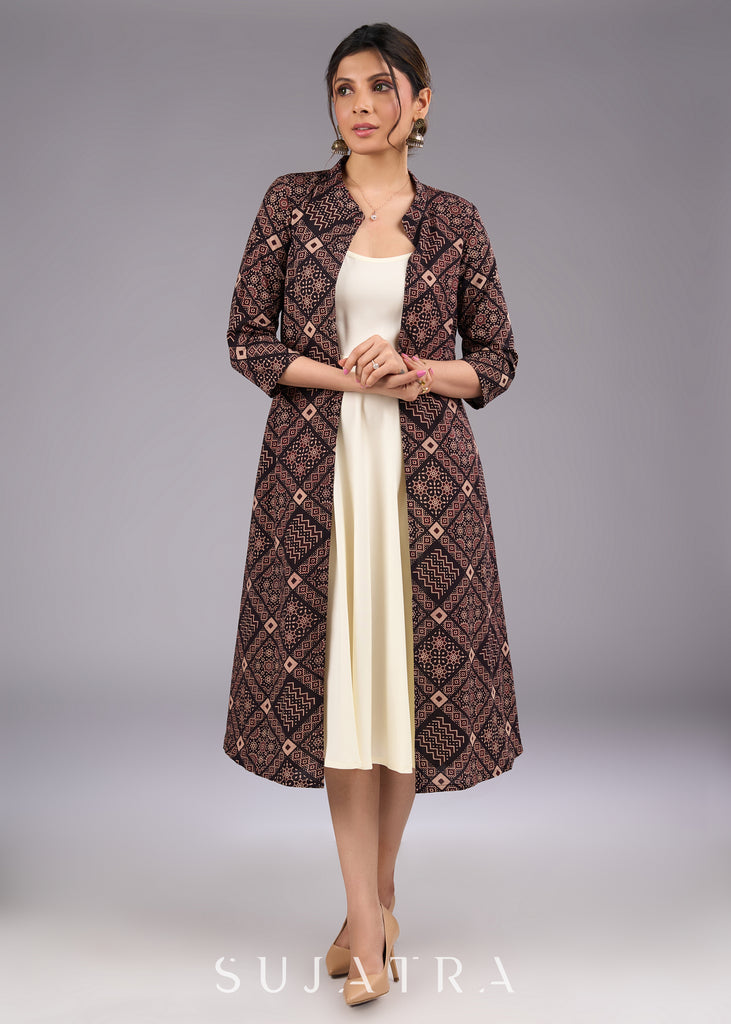 Mystic Charcoal Long Ajrakh Print Jacket