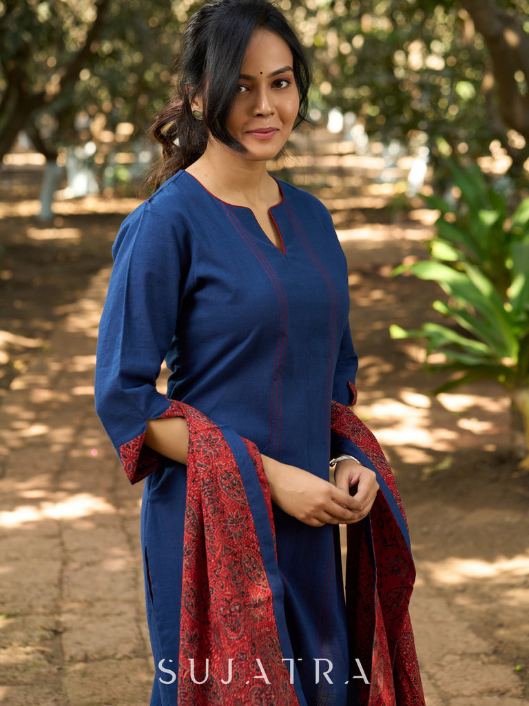 Indigo Charm Handcrafted Cotton Kurta with Contrast Kantha Lines, Contrast Piping & Ajrakh Interfacing