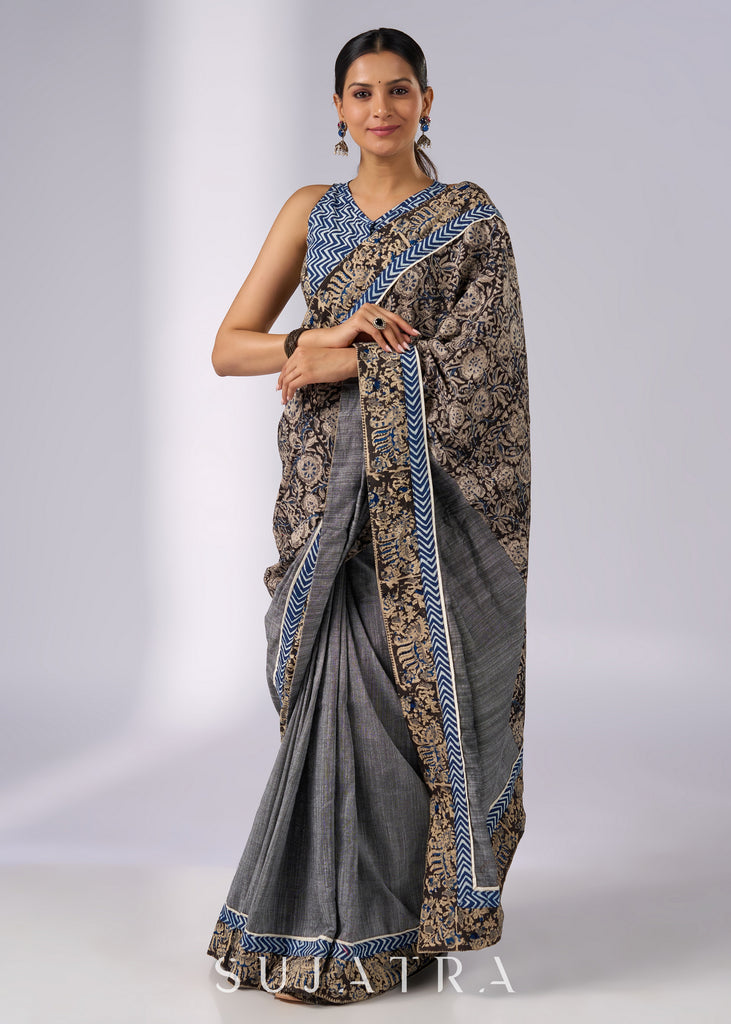 Chic gray cotton saree with Kalamkari combination & Indigo highlights