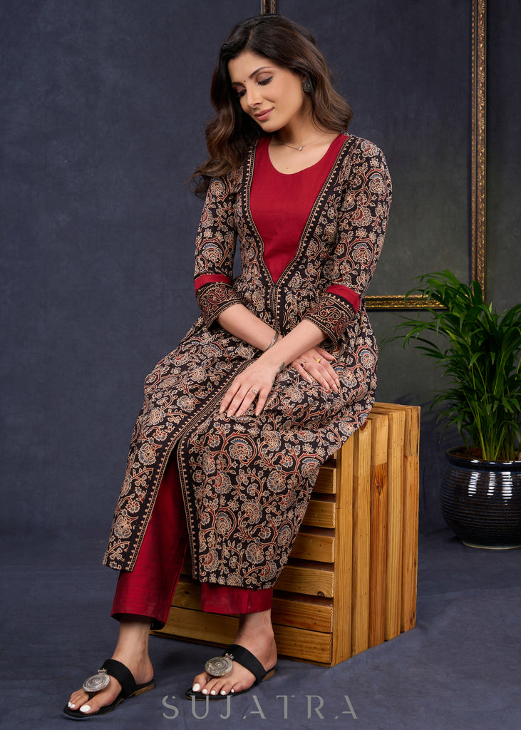 Trendy-Black-Cotton-Floral-Ajrakh-Combination-A-Line-Kurta-With-Highlighted-Yoke--Pant-Optional