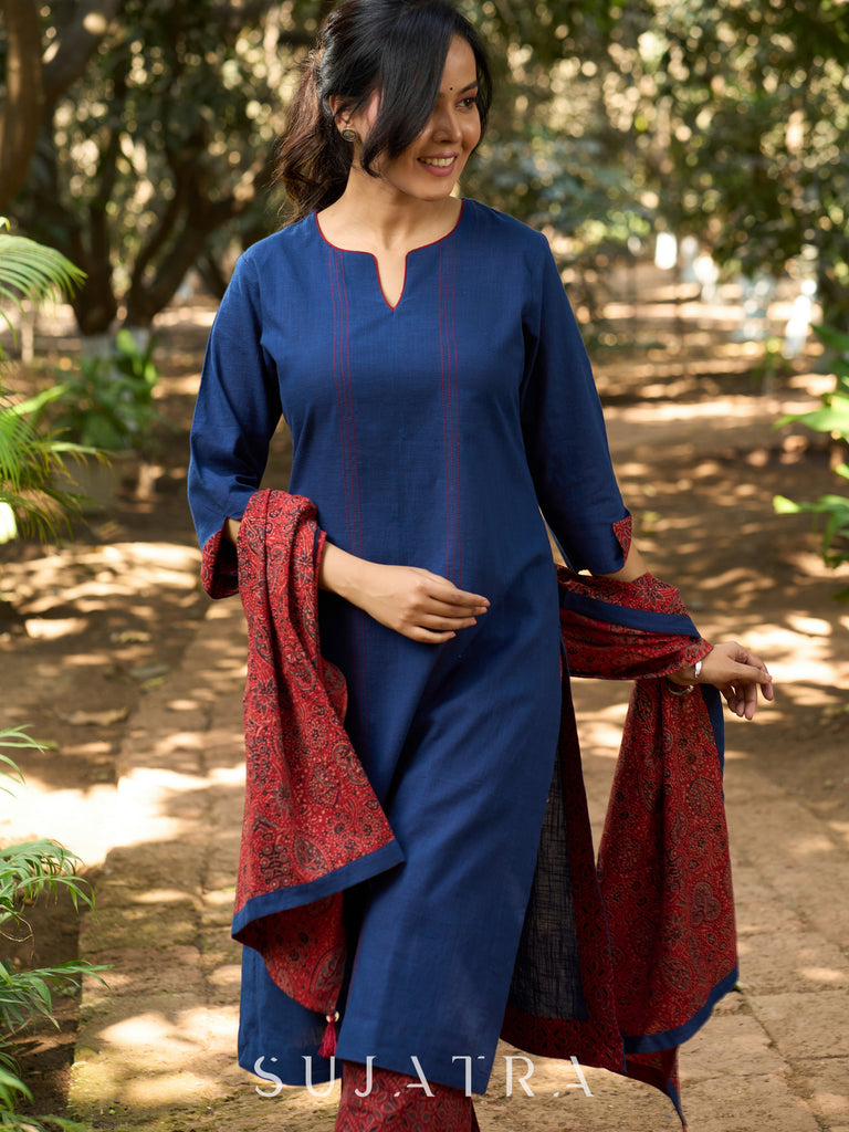 Indigo Charm Handcrafted Cotton Kurta with Contrast Kantha Lines, Contrast Piping & Ajrakh Interfacing