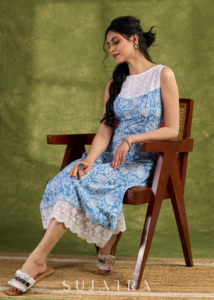 Lace-Trimmed Dress. Light Blue Floral Rayon Print With Delicate Lace Trims