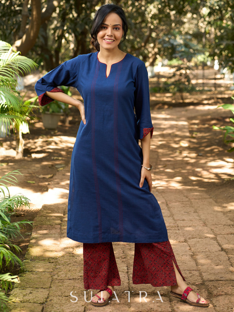 Indigo Charm Handcrafted Cotton Kurta with Contrast Kantha Lines, Contrast Piping & Ajrakh Interfacing