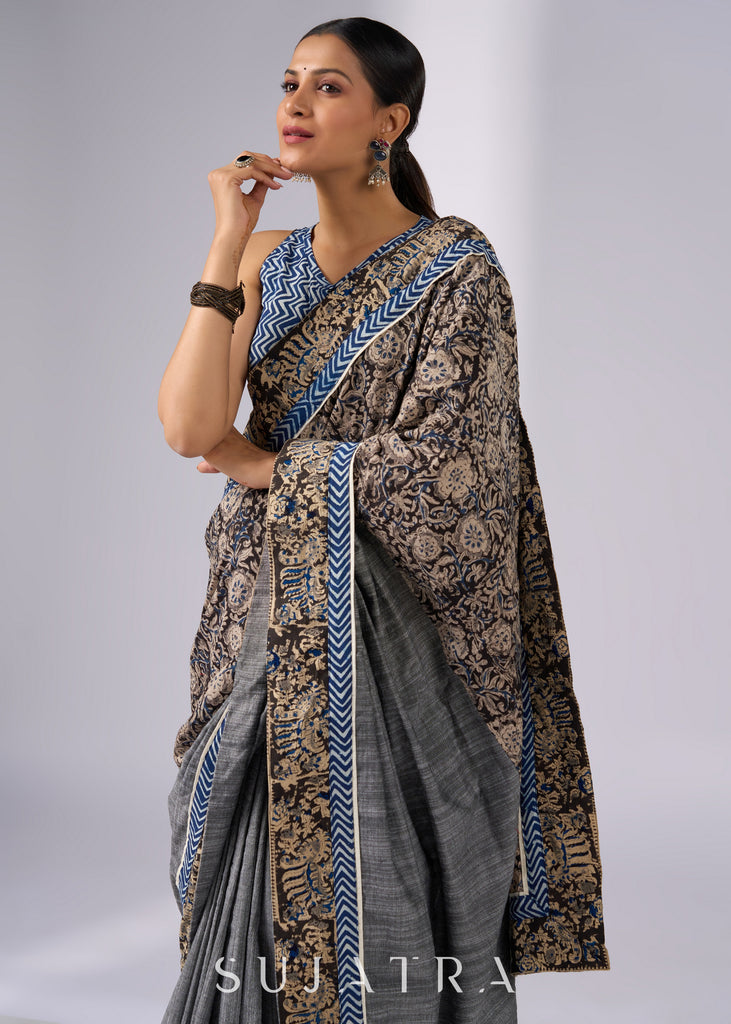 Chic gray cotton saree with Kalamkari combination & Indigo highlights