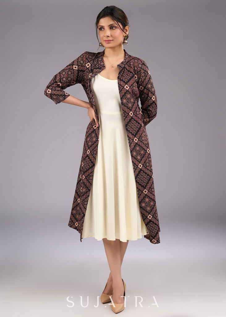 Mystic Charcoal Long Ajrakh Print Jacket