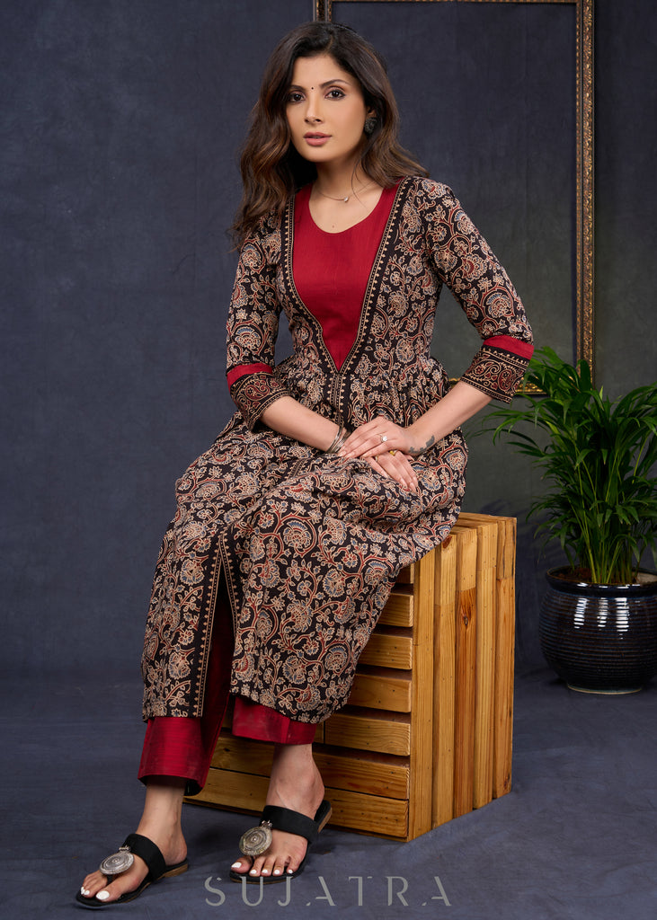 Trendy-Black-Cotton-Floral-Ajrakh-Combination-A-Line-Kurta-With-Highlighted-Yoke--Pant-Optional