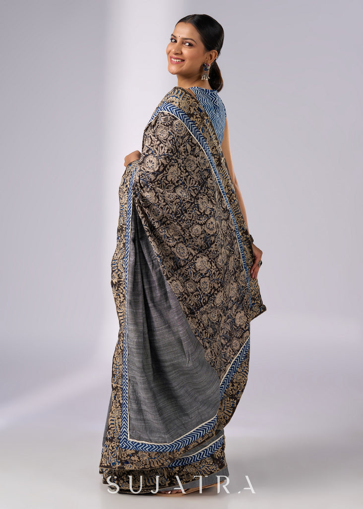 Chic gray cotton saree with Kalamkari combination & Indigo highlights