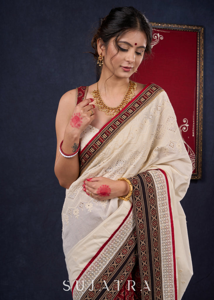 Exquisite Hakoba & Ajrakh Combination Saree with Lace Border