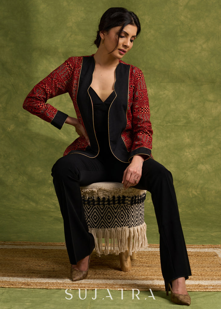 Evening Glamour : Maroon Ajrakh Jacket With Stylish Neckline & Striking Gold Piping