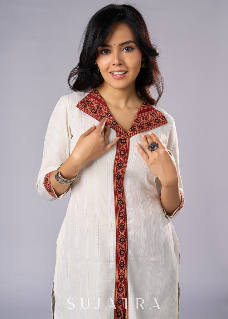 Classy Off White Cotton Ajrakh Collared Tunic