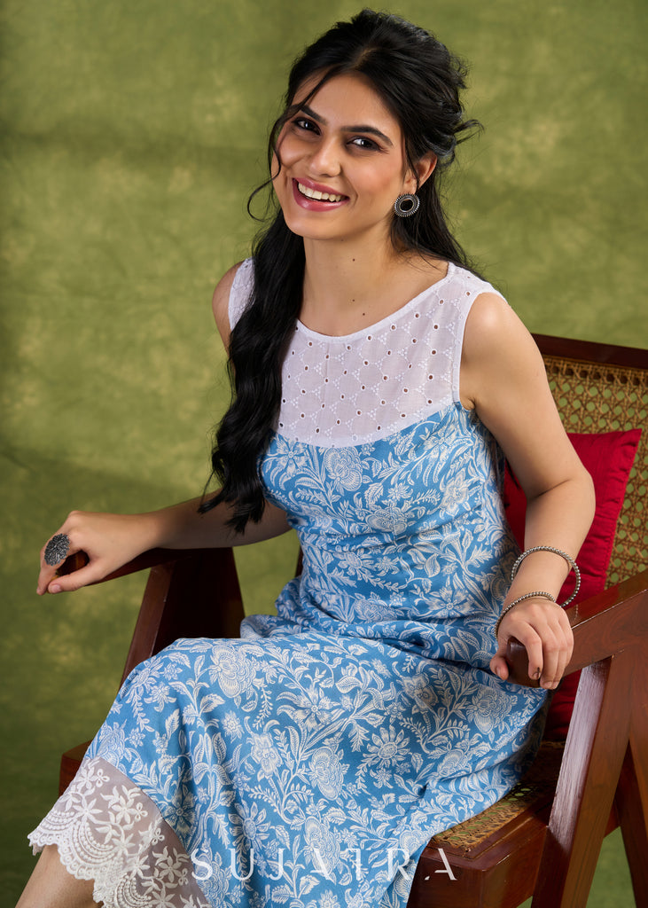 Lace-Trimmed Dress. Light Blue Floral Rayon Print With Delicate Lace Trims