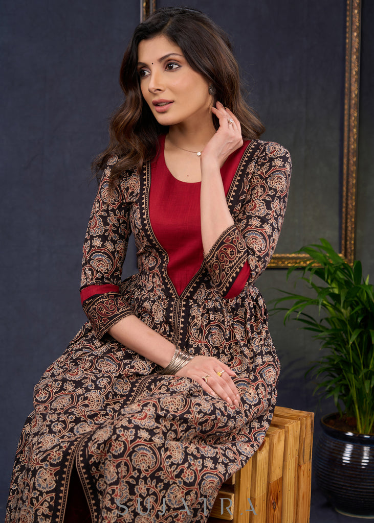 Trendy-Black-Cotton-Floral-Ajrakh-Combination-A-Line-Kurta-With-Highlighted-Yoke--Pant-Optional